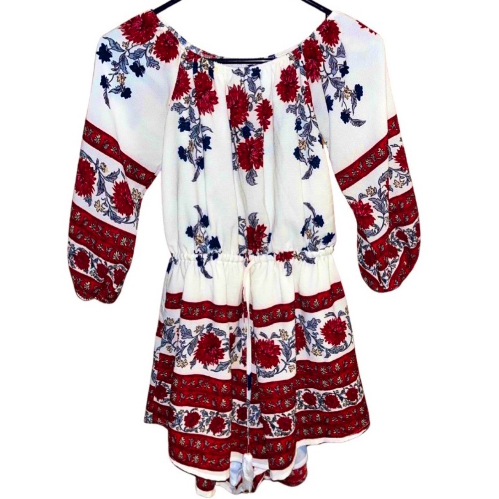 off the shoulder peasant style floral romper | reverse | size small